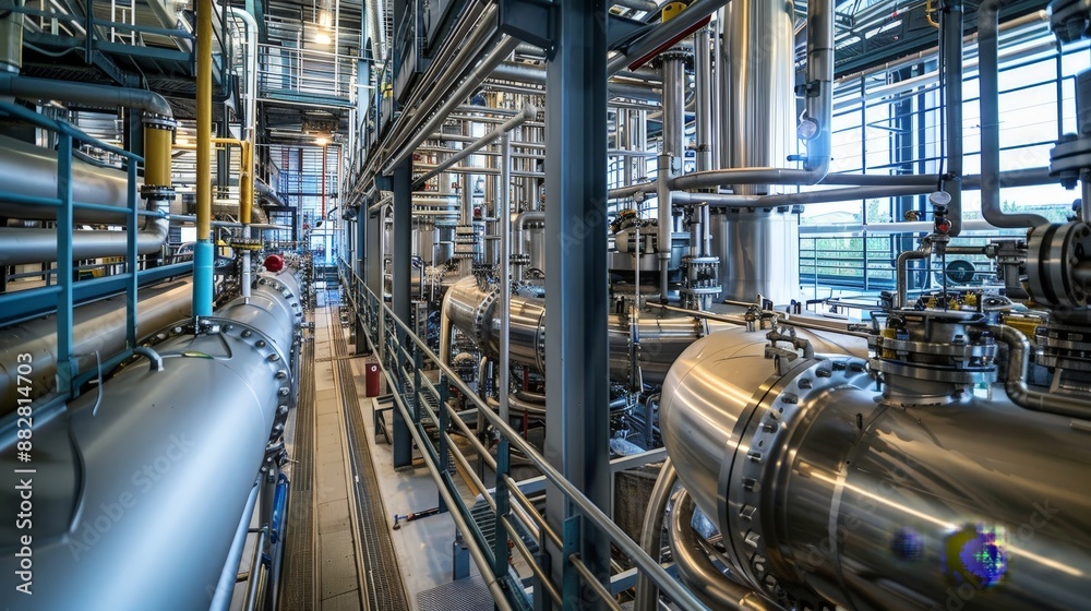 Fototapeta premium A chemical plant featuring large distillation columns separating various chemical components with precision.