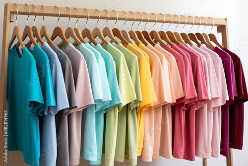 Colorful shirts on hangers in wardrobe, closeup. Fashionable clothes