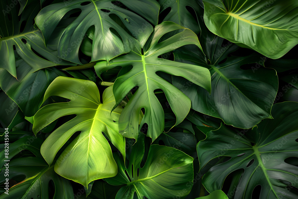 Close up of large green leaves against a tropical rainforest background in a top view with a dark tone. Close up of large green leaves against a tropical rainforest background in a top view with a dark tone.