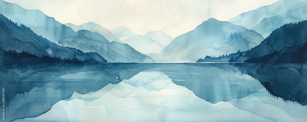 A serene watercolor painting of a tranquil lake surrounded by mountains. A serene watercolor painting of a tranquil lake surrounded by mountains.