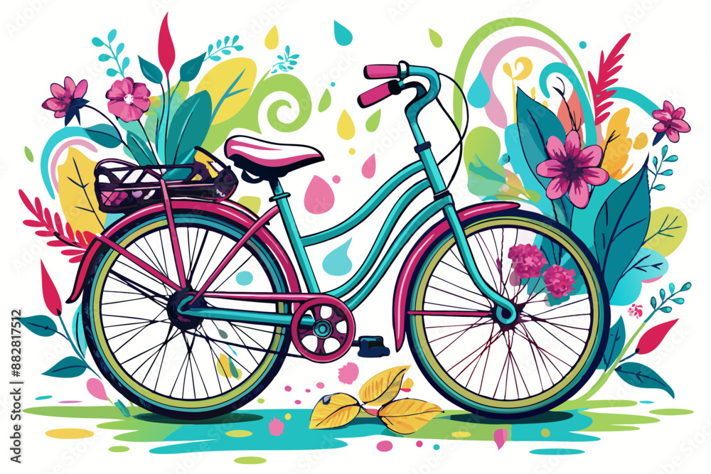 Fototapeta premium ladies bicycle with flowers on white background Graffiti style