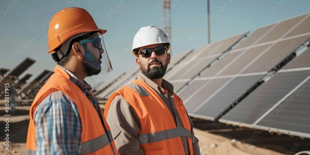 Solar Panel Workers Inspecting a Field of Panels Solar Panel Workers Inspecting a Field of Panels