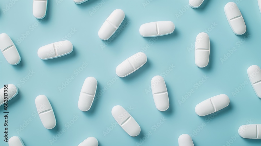 Many antibiotic pills on light blue background, closeup Many antibiotic pills on light blue background, closeup