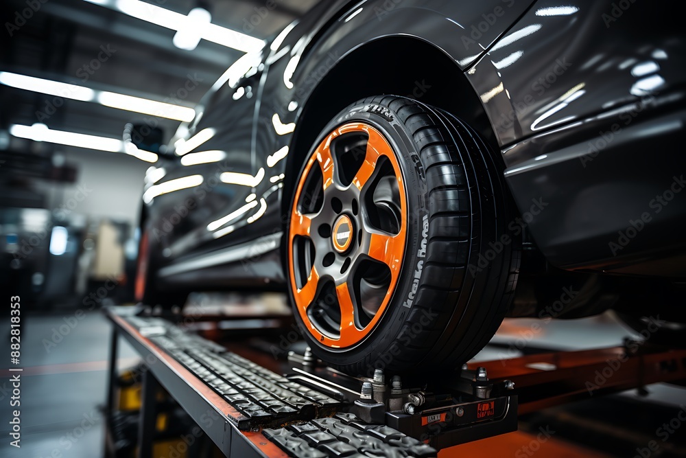 Obraz premium Car wheel and brake disc on the car service. Auto service industry.