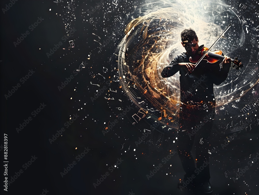 Obraz premium Passionate Violinist Performing Amid Swirling Musical Notes in Dramatic Backdrop
