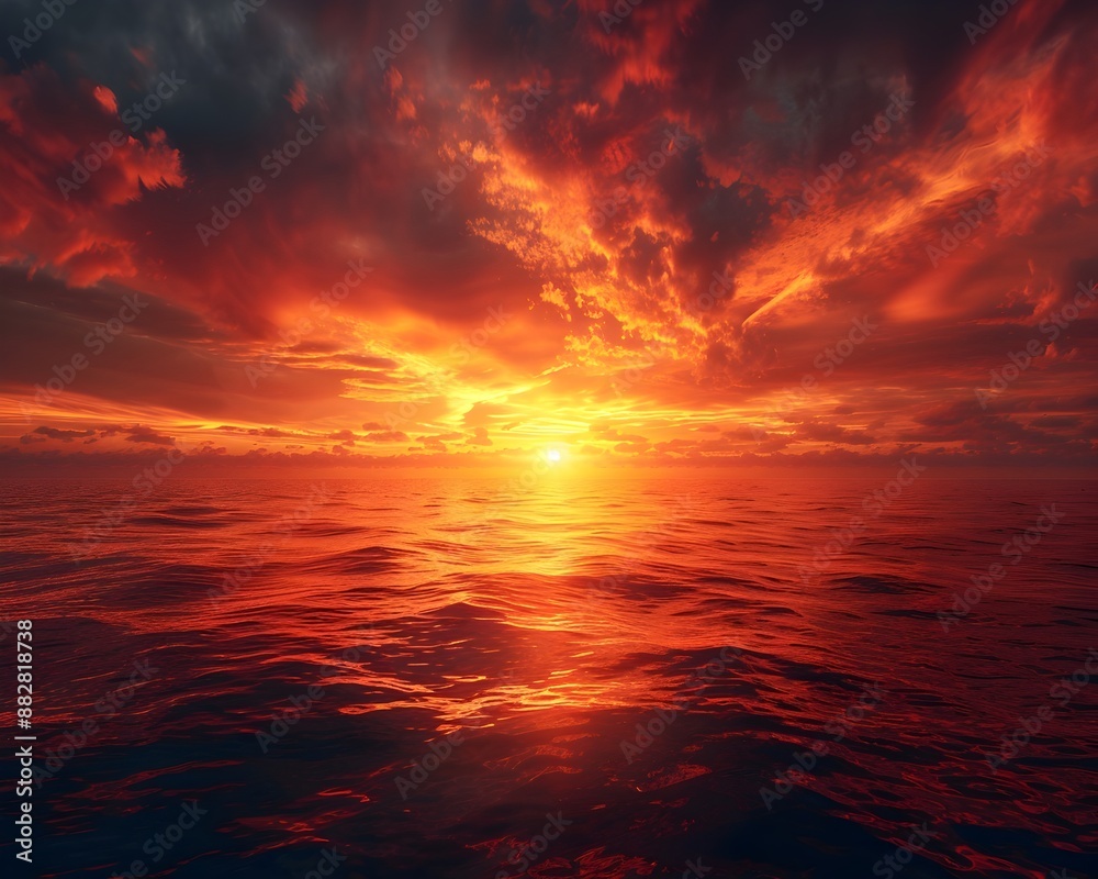 Vibrant Fiery Sunset Over Tranquil Ocean Seascape Vibrant Fiery Sunset Over Tranquil Ocean Seascape