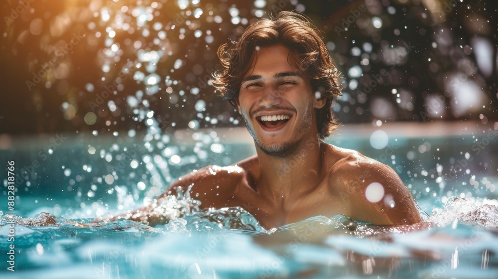 Obraz premium Handsome young man with a joyful smile, playfully splashing in a sparkling pool, capturing the essence of summer fun