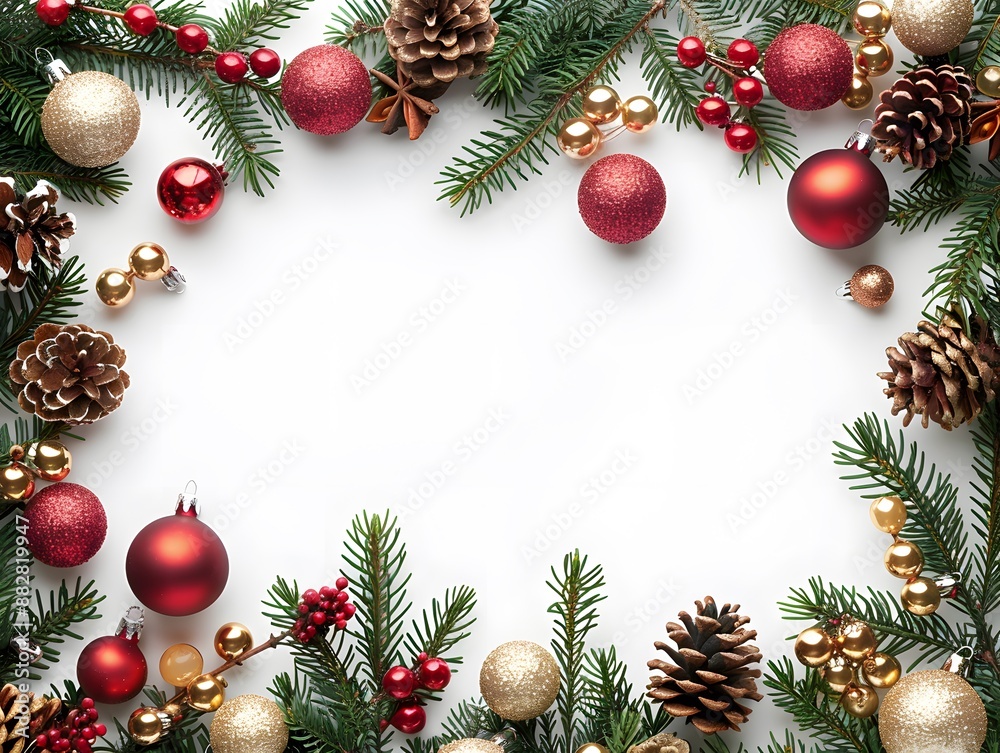 Festive Christmas Border with Ornaments and Pinecones Festive Christmas Border with Ornaments and Pinecones