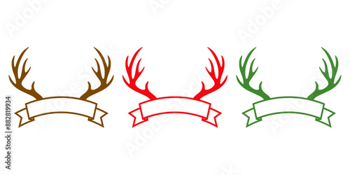 Logo tiempo de Navidad. Banner con silueta astas de reno Rudolph con bandera de cinta con líneas para tarjetas y felicitaciones