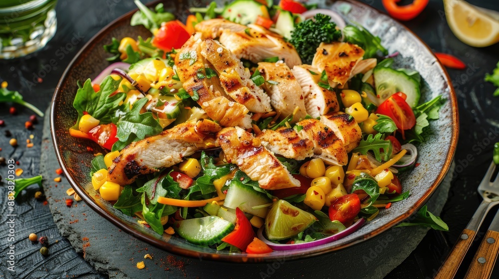 Fresh vegetable salad with corn and chicken with lemon vinaigrette dressing Fresh vegetable salad with corn and chicken with lemon vinaigrette dressing