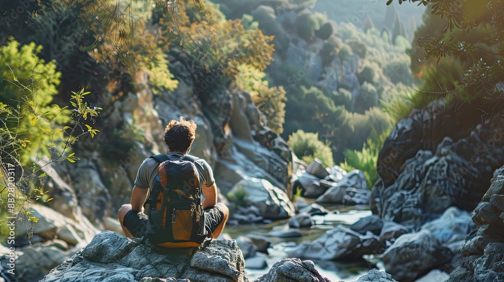 Man rocks and relax on outdoor hike in nature solitude and peace or calm on rocks for wellness Male person exercise and travel with backpack on vacation adventure and explore bush for fitness Man rocks and relax on outdoor hike in nature solitude and peace or calm on rocks for wellness Male person exercise and travel with backpack on vacation adventure and explore bush for fitness