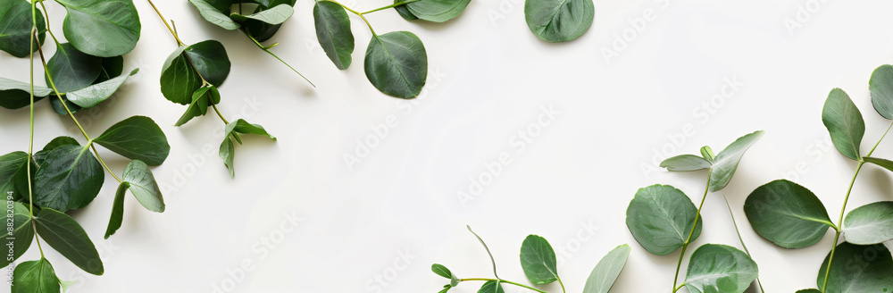 Eucalyptus leaves on a white background, in a flat lay, top view, with space for text. A minimal floral composition with green eucalyptus branches Eucalyptus leaves on a white background, in a flat lay, top view, with space for text. A minimal floral composition with green eucalyptus branches
