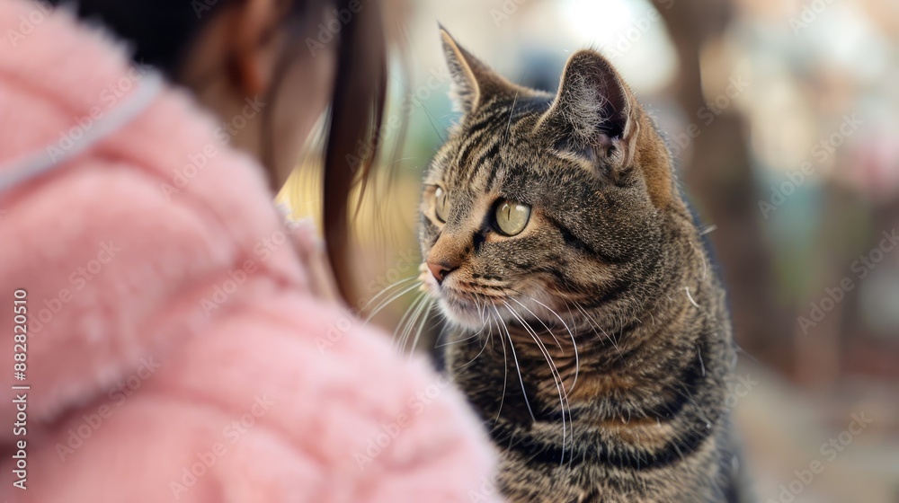 parting tabby fat cat clawed at a woman in a pink fleece jacket parting tabby fat cat clawed at a woman in a pink fleece jacket