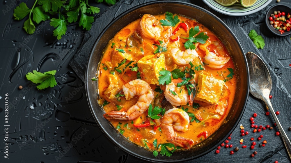 Moqueca with Fish and Shrimps in black bowl on dark slate table top Brazilian sea food curry dish with coconut milk and vegetables Top view Moqueca with Fish and Shrimps in black bowl on dark slate table top Brazilian sea food curry dish with coconut milk and vegetables Top view