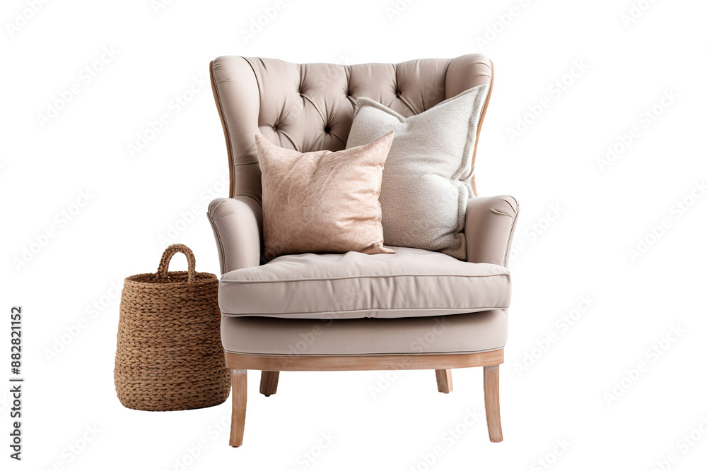 Fototapeta premium Modern tufted armchair in beige fabric, cozy living room lounge seat with cushions, Scandinavian home decor furniture PNG isolated on Transparent Background