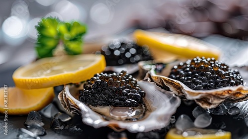 Fresh oysters with black caviar Opened oysters with black sturgeon caviar and lemon Gourmet food in restaurant Delicatessen Vertical image photo