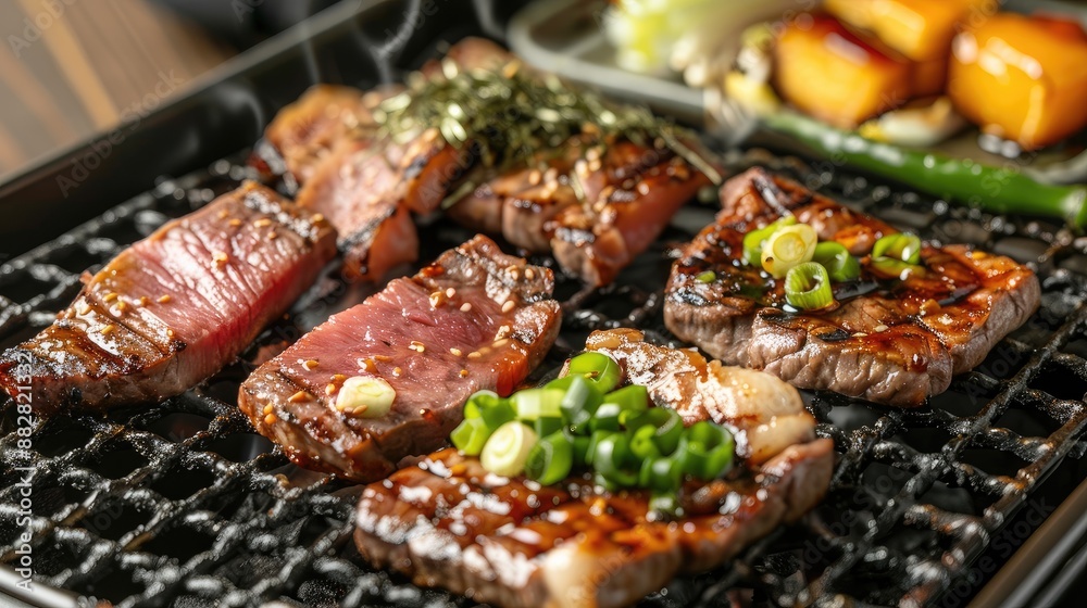 Charcoal grilled grilled barbecue yakiniku and grilled green onions Charcoal grilled grilled barbecue yakiniku and grilled green onions