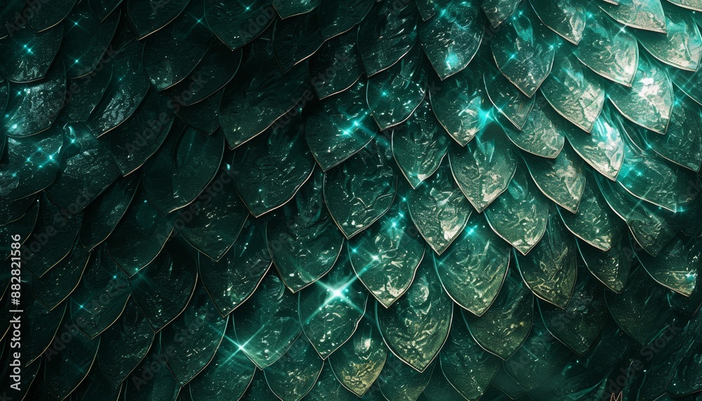 Fototapeta premium The texture material of the metal dragon scales is green. Metal spikes of lizard skin. Ancient feathers were made.
