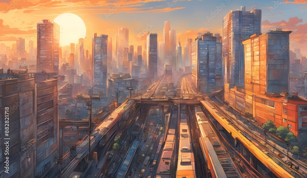 The sun's hues paint the sky over a bustling city with high-rises and an elevated train, adding mystery. in anime style 1. Generative AI The sun's hues paint the sky over a bustling city with high-rises and an elevated train, adding mystery. in anime style 1. Generative AI