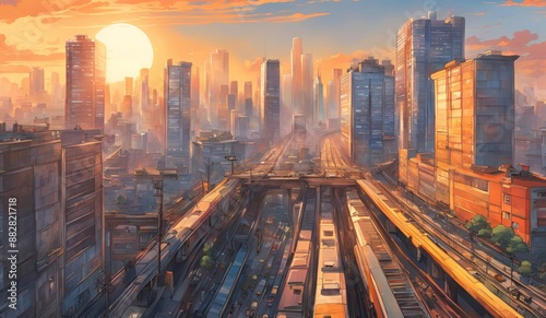 The sun's hues paint the sky over a bustling city with high-rises and an elevated train, adding mystery. in anime style 1. Generative AI