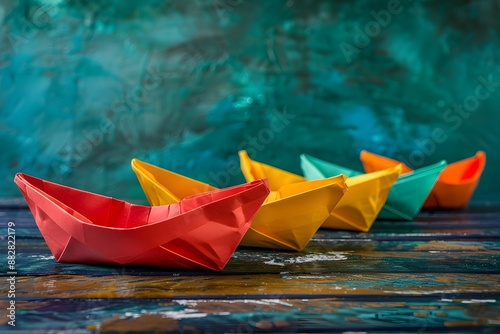 Colorful Origami Boats on a Rustic Wooden Surface