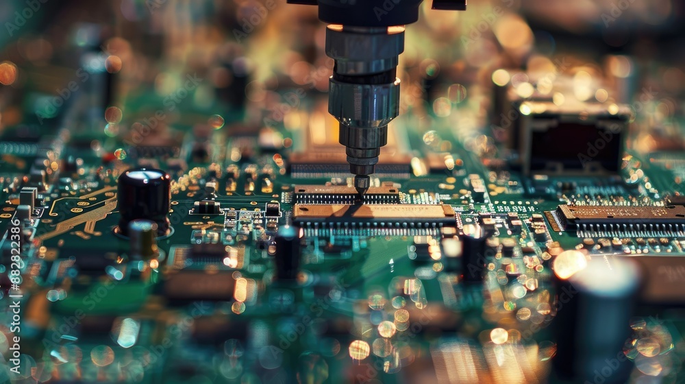 Advanced automation in electronics industry, robot arm assembling circuit boards with precision Advanced automation in electronics industry, robot arm assembling circuit boards with precision
