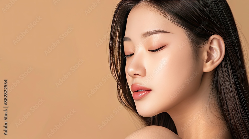 Asian woman with long hair, Korean makeup, perfect skin, isolated beige background, spa and facial focus Asian woman with long hair, Korean makeup, perfect skin, isolated beige background, spa and facial focus