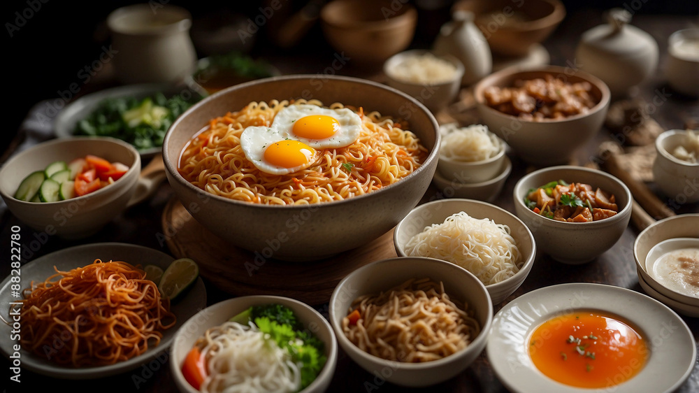 dining table filled with various side dishes such as kimchi, fried eggs, pickled vegetables, and sliced meats surrounding a steaming bowl of instant noodles dining table filled with various side dishes such as kimchi, fried eggs, pickled vegetables, and sliced meats surrounding a steaming bowl of instant noodles
