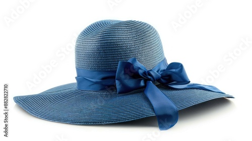 Beautiful blue vintage straw hat with wide brim and ribbon, isolated on white background