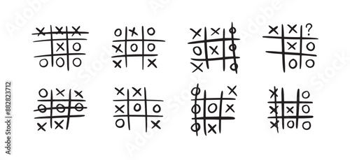Hand drawn tic tac toe game, doodle X-O children game. Noughts and win. Play tictactoe draw.