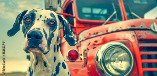 Dalmatian dog posing in front of red vintage fire truck