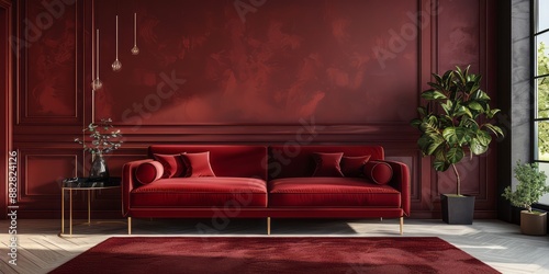 Clean and elegant minimalist living room with a maroon wall and streamlined design