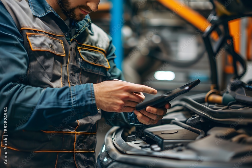Mechanic Using Digital Tablet for Car Diagnostics in Workshop Mechanic Using Digital Tablet for Car Diagnostics in Workshop