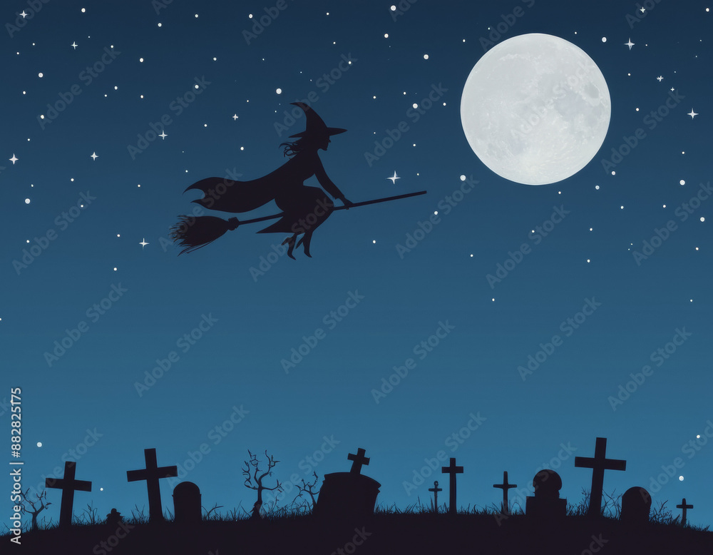silhouette of witch flying on broom over graveyard with moon and stars, minimalism vector art, cartoon style, dark blue background, halloween vibe, vector illustration, flat design, contour, sticker silhouette of witch flying on broom over graveyard with moon and stars, minimalism vector art, cartoon style, dark blue background, halloween vibe, vector illustration, flat design, contour, sticker