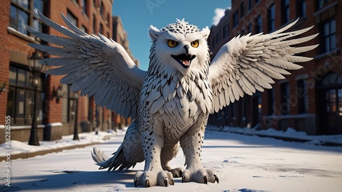 A mythical creature, a type of gryphon, head of a lion, wings of a snow owl. 3D rendering