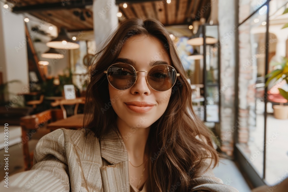 Smiling Woman in Sunglasses at a Cafe Smiling Woman in Sunglasses at a Cafe