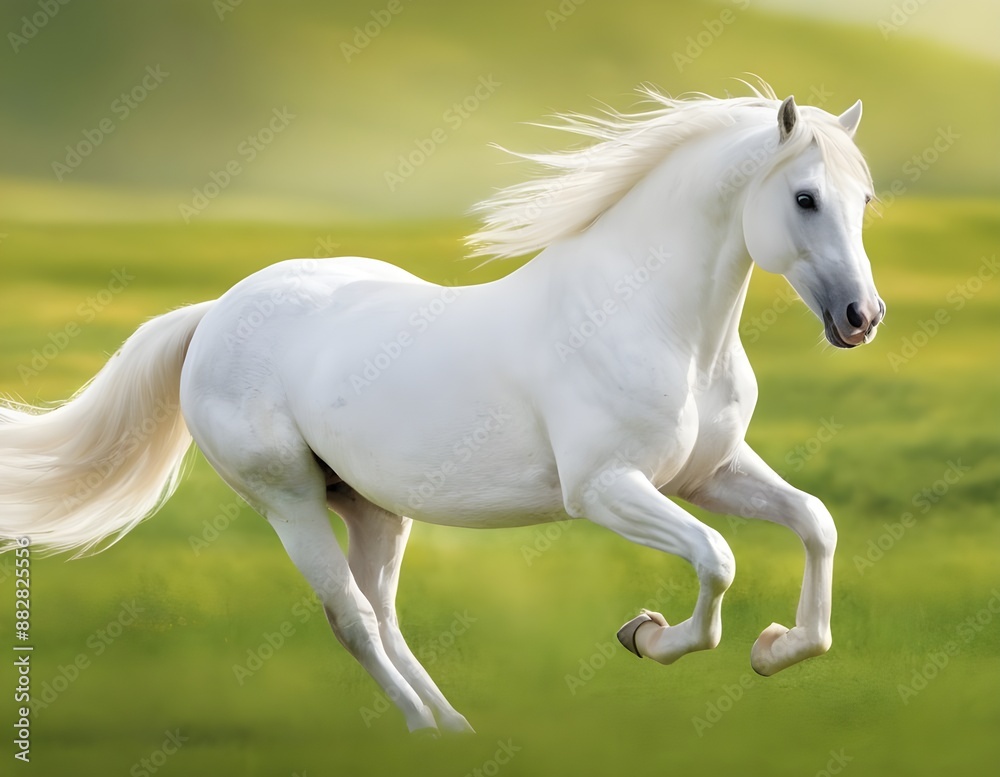 Obraz premium White Horse Running Through Green Field on a Sunny Day