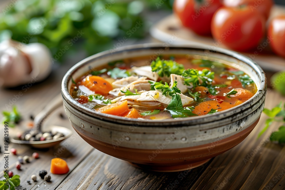 Hearty Chicken and Vegetable Soup Garnished with Fresh Herbs Hearty Chicken and Vegetable Soup Garnished with Fresh Herbs