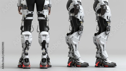 A conceptual 3D illustration of a robotic exoskeleton, designed to enhance human strength and mobility.