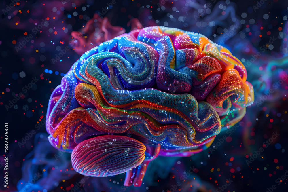 Colorful brain illustration with sparkling lights