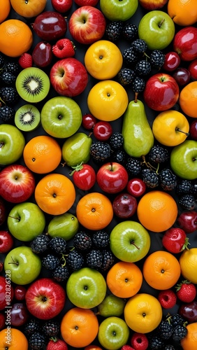 Close-up of various fruits and berries, including apples, oranges, kiwi, blackberries, and cherries, arranged in a colorful and vibrant pattern.