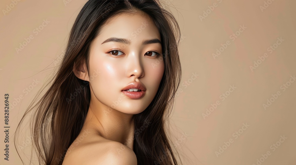Fototapeta premium Gorgeous Asian beauty model with long hair, Korean makeup style, flawless skin, beige backdrop, beauty focus