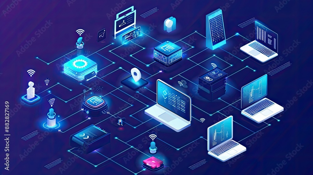 Internet of Things (IoT) network with data flow between devices, digital connectivity tech