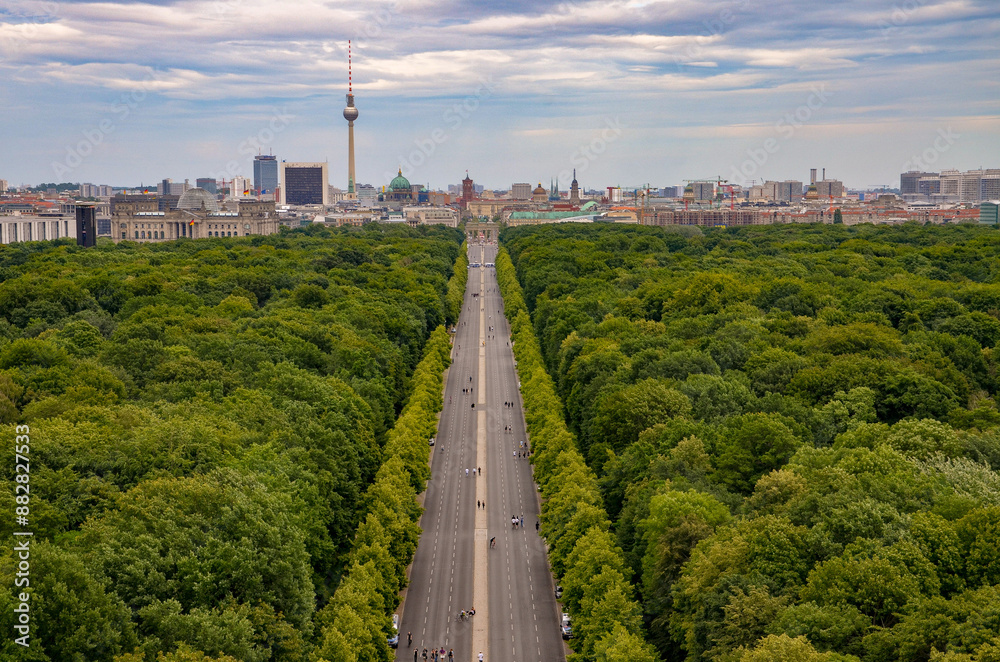 Fototapeta premium Panorama of Berlin, view from the Statue of Victory. You can see the TV tower and a lot of greenery