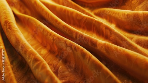 Luxurious golden orange velvet curtains, close-up texture, elegant abstract background