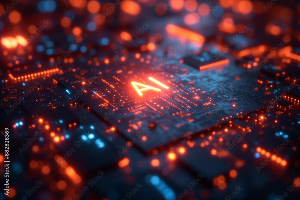 Futuristic AI chip visualization with glowing circuits and connections. Futuristic AI chip visualization with glowing circuits and connections.