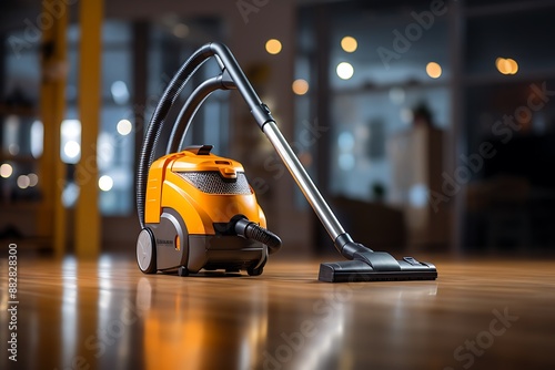 Vacuum cleaner on the wooden floor in the living room.