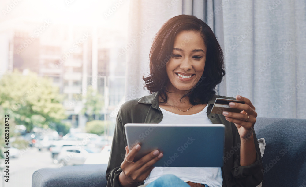 Credit card, information and woman on tablet for payment, social media and subscription in home. Finance, technology and happy female person in lounge for e commerce, online shopping and mobile app Credit card, information and woman on tablet for payment, social media and subscription in home. Finance, technology and happy female person in lounge for e commerce, online shopping and mobile app