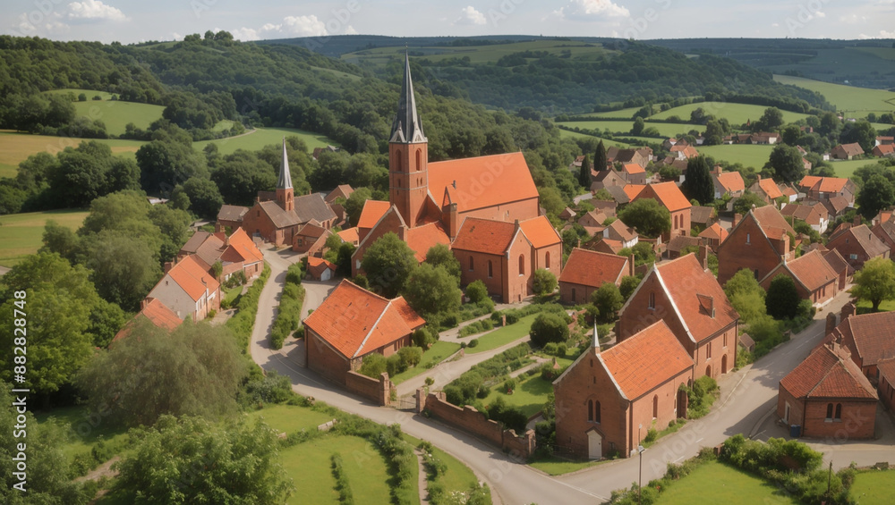 An aerial view of a small village with red-roofed houses and two tall churches, surrounded by greenery. A car is driving on a road in the foreground.
An aerial view of a small village with red-roofed houses and two tall churches, surrounded by greenery. A car is driving on a road in the foreground.