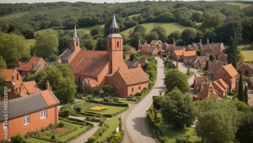 An aerial view of a small village with red-roofed houses and two tall churches, surrounded by greenery. A car is driving on a road in the foreground.